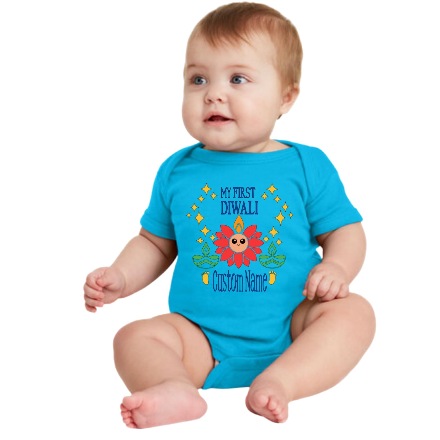 Customized Lotus face First Diwali bodysuit. Great for your babies first diwali. Customize with the Baby's name and year.
