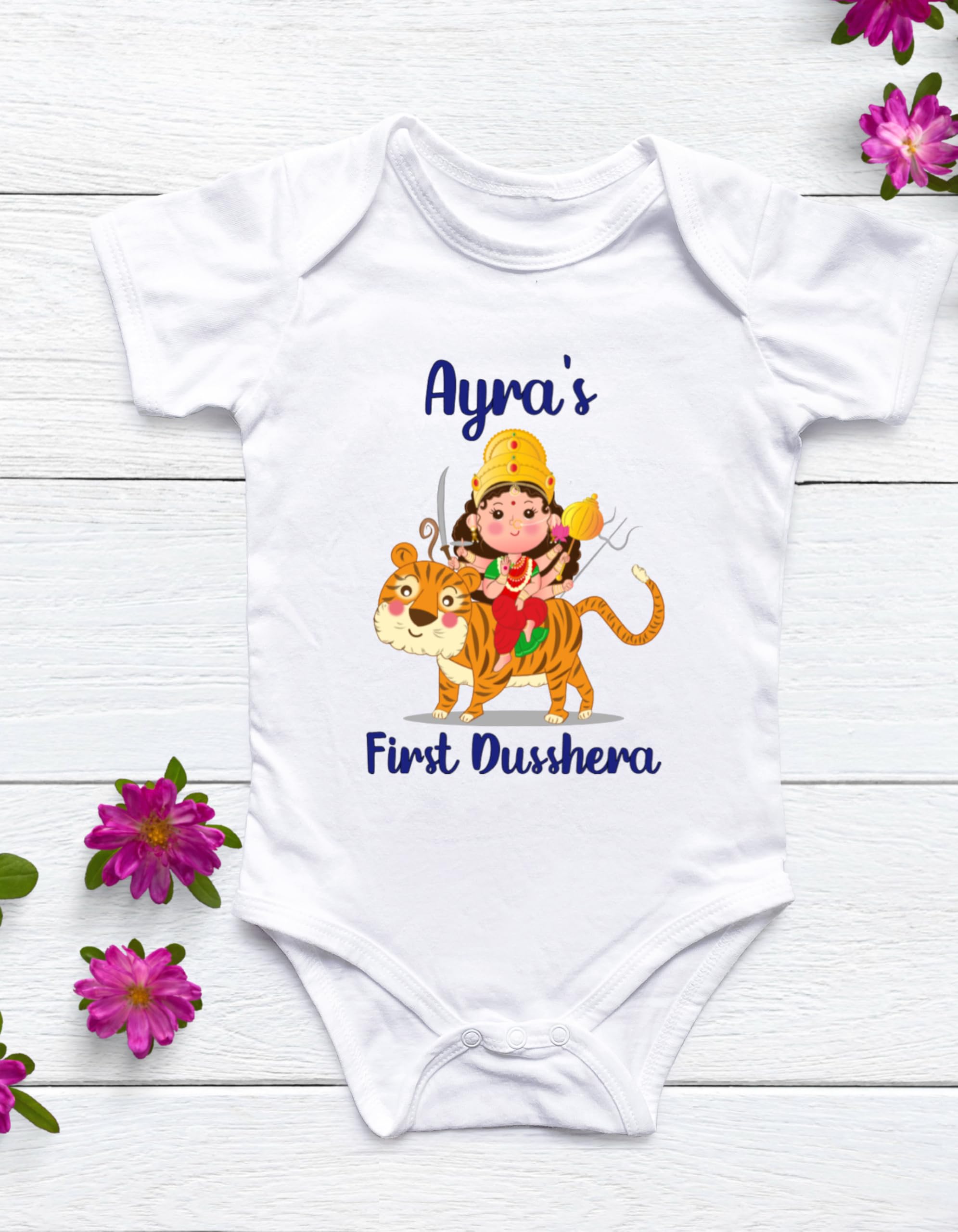 Lil Dreamers: First Dussehra Baby Bodysuit – Cute Devi Sitting on Tiger Illustration | Festive Newborn Outfit for Indian Holiday | Soft Cotton bodysuit | First Navratri| First Diwali