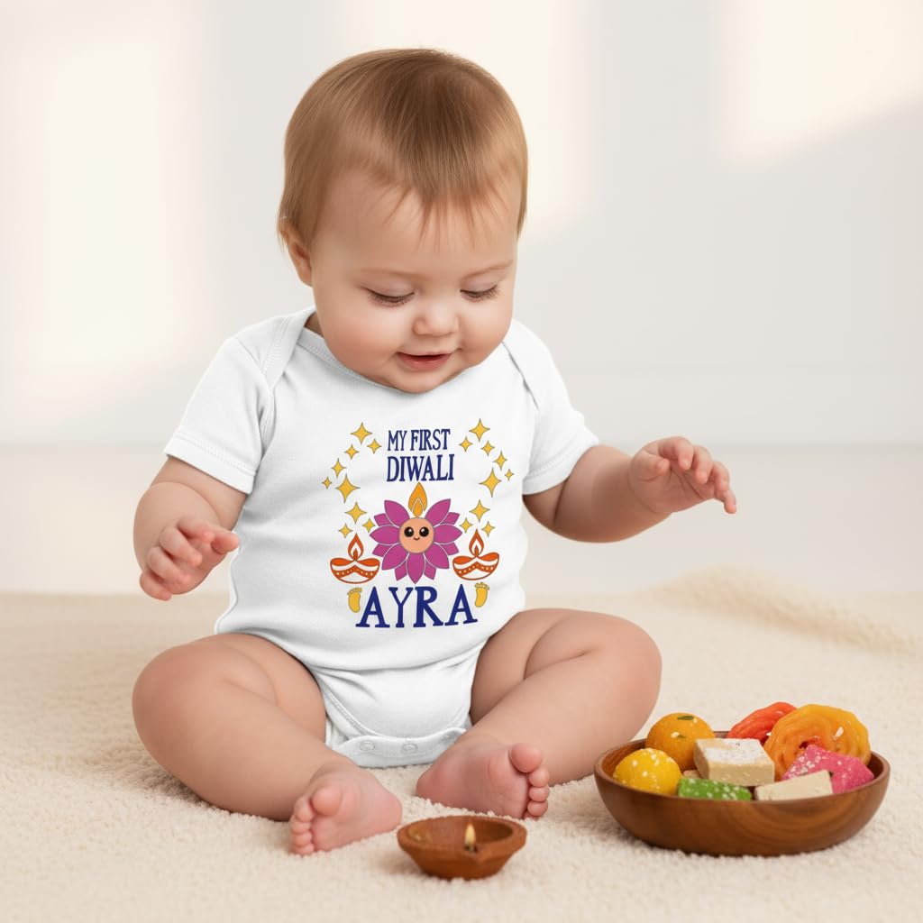 Customized Lotus face First Diwali bodysuit. Great for your babies first diwali. Customize with the Baby's name and year.