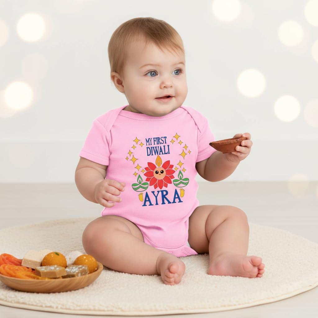 Customized Lotus face First Diwali bodysuit. Great for your babies first diwali. Customize with the Baby's name and year.