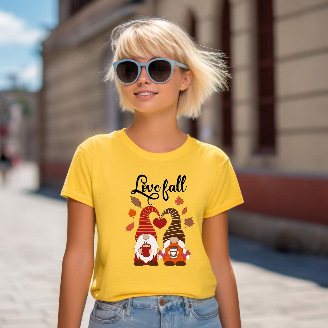 Lil Dreamers:Love Fall T-Shirt – Cute Gnome Coffee Lovers Autumn Graphic Tee | Unisex Fall Fashion Shirt for Coffee & Gnome Fans | Cozy Fall Vibes | Cotton tshirt