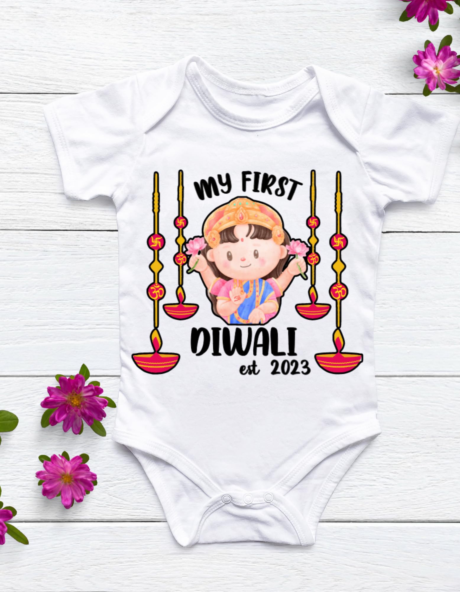 Customized Cute First Diwali Onesies with Goddess Lakshmi and Cute diyas.Customize with The Baby's Name and Year.