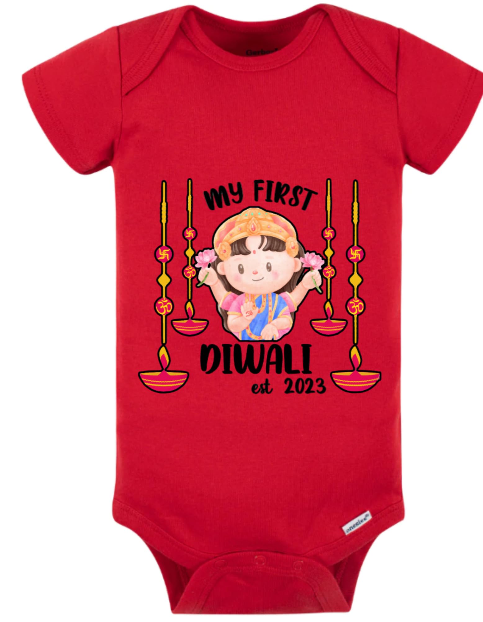 Customized Cute First Diwali Onesies with Goddess Lakshmi and Cute diyas.Customize with The Baby's Name and Year.