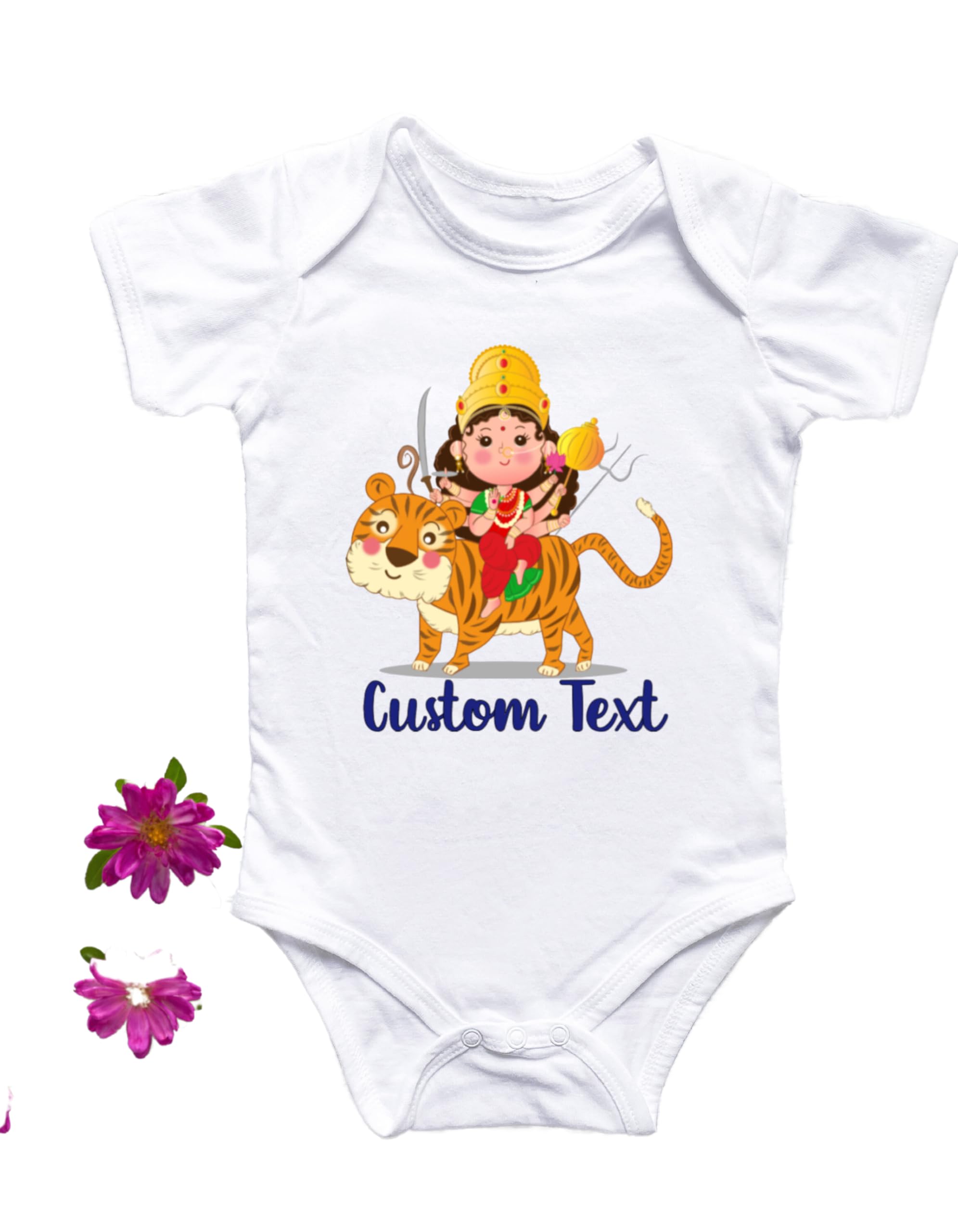 Lil Dreamers: First Dussehra Baby Bodysuit – Cute Devi Sitting on Tiger Illustration | Festive Newborn Outfit for Indian Holiday | Soft Cotton bodysuit | First Navratri| First Diwali