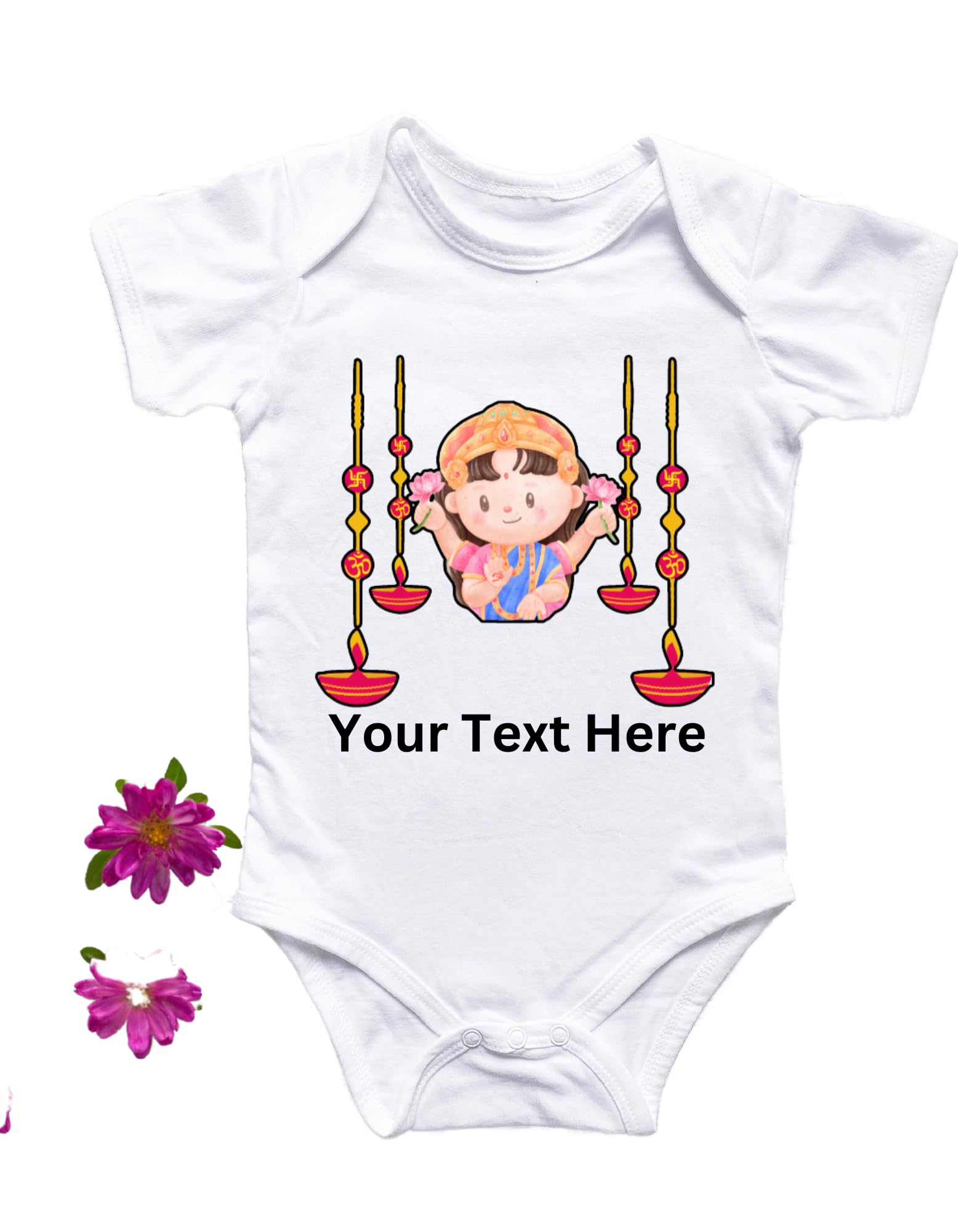 Customized Cute First Diwali Onesies with Goddess Lakshmi and Cute diyas.Customize with The Baby's Name and Year.
