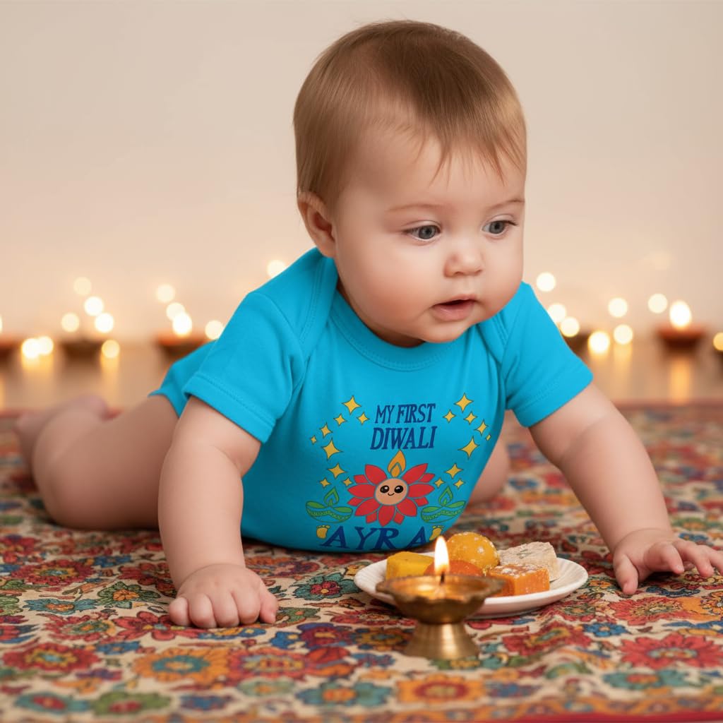Customized Lotus face First Diwali bodysuit. Great for your babies first diwali. Customize with the Baby's name and year.