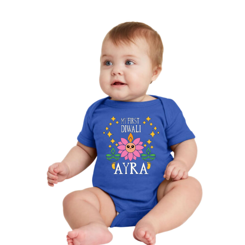 Customized Lotus face First Diwali bodysuit. Great for your babies first diwali. Customize with the Baby's name and year.