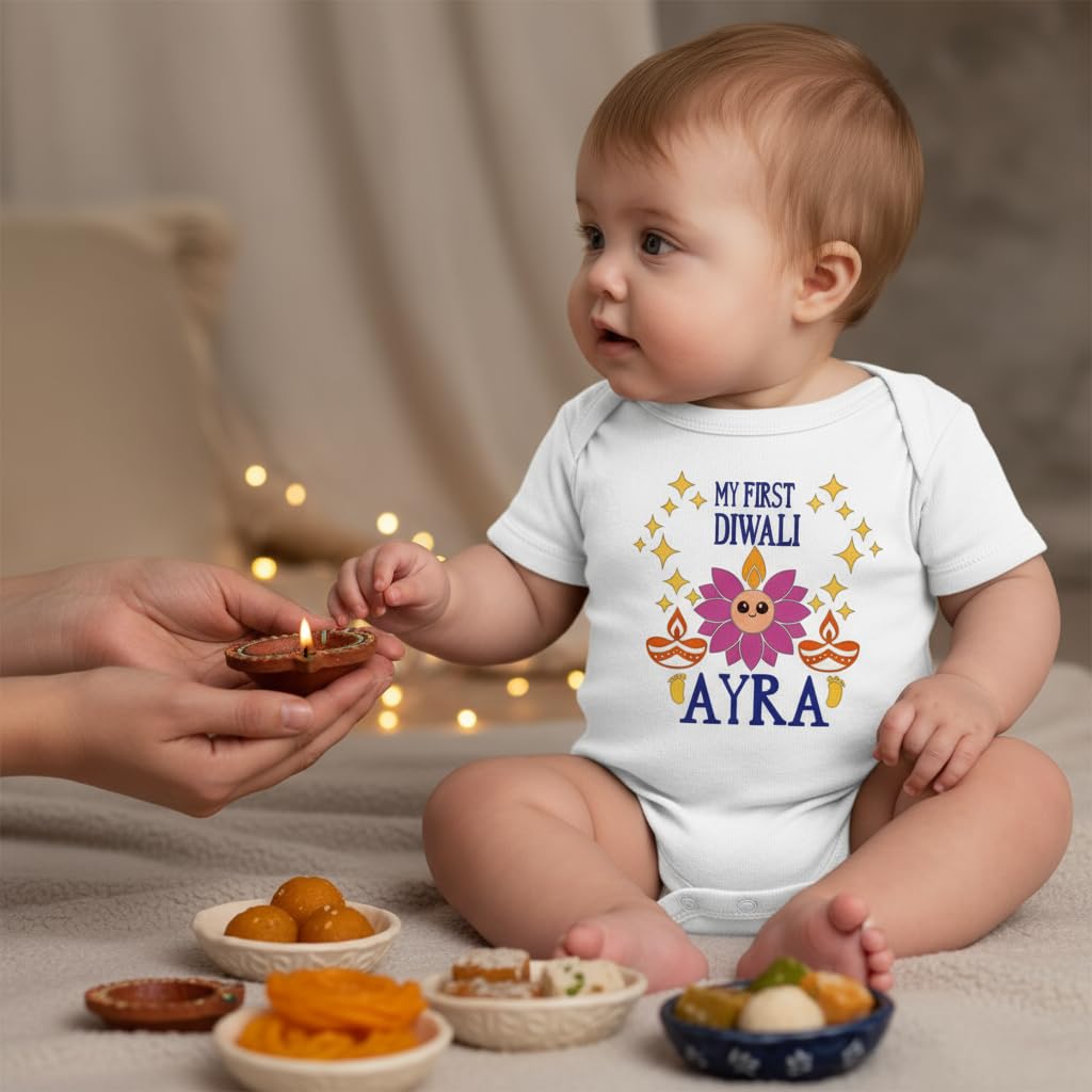Customized Lotus face First Diwali bodysuit. Great for your babies first diwali. Customize with the Baby's name and year.