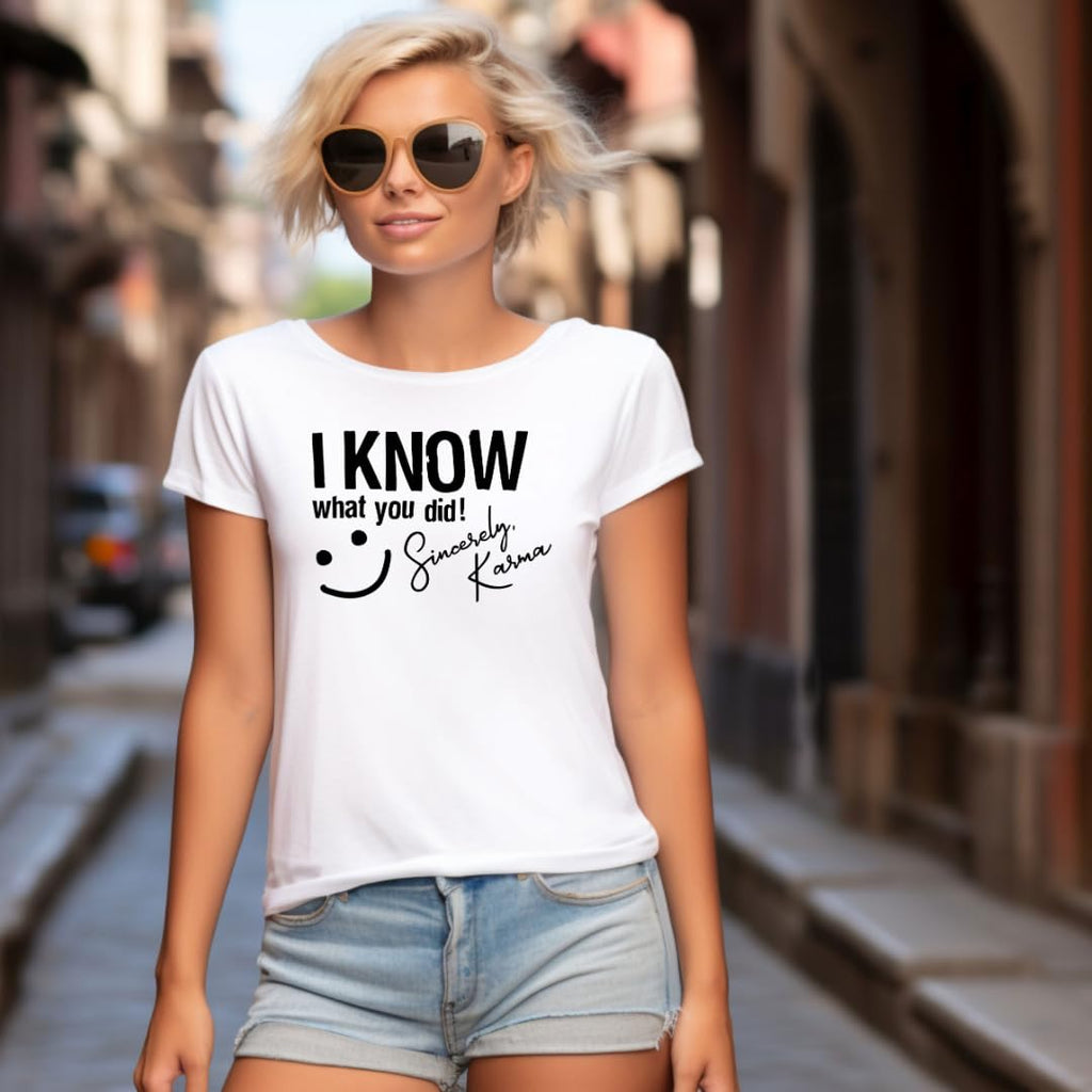 “I Know What You Did… Sincerely, Karma” Funny T-Shirt – Sarcastic Humor Tee for Women & Men – Spiritual & Witty Graphic Shirt – Great Gift Idea