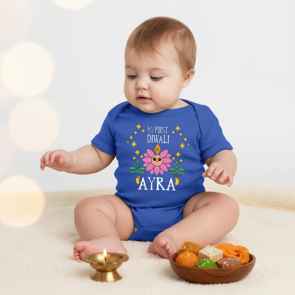Customized Lotus face First Diwali bodysuit. Great for your babies first diwali. Customize with the Baby's name and year.