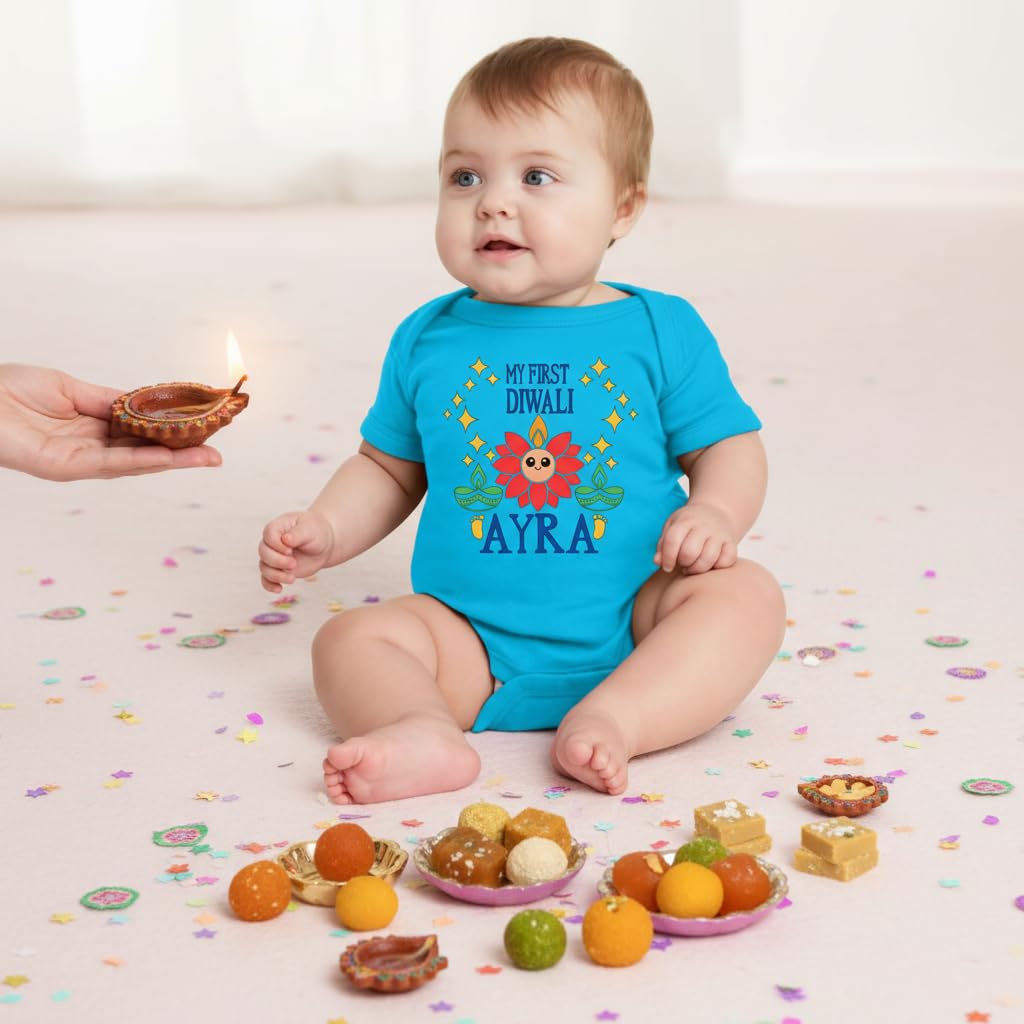 Customized Lotus face First Diwali bodysuit. Great for your babies first diwali. Customize with the Baby's name and year.