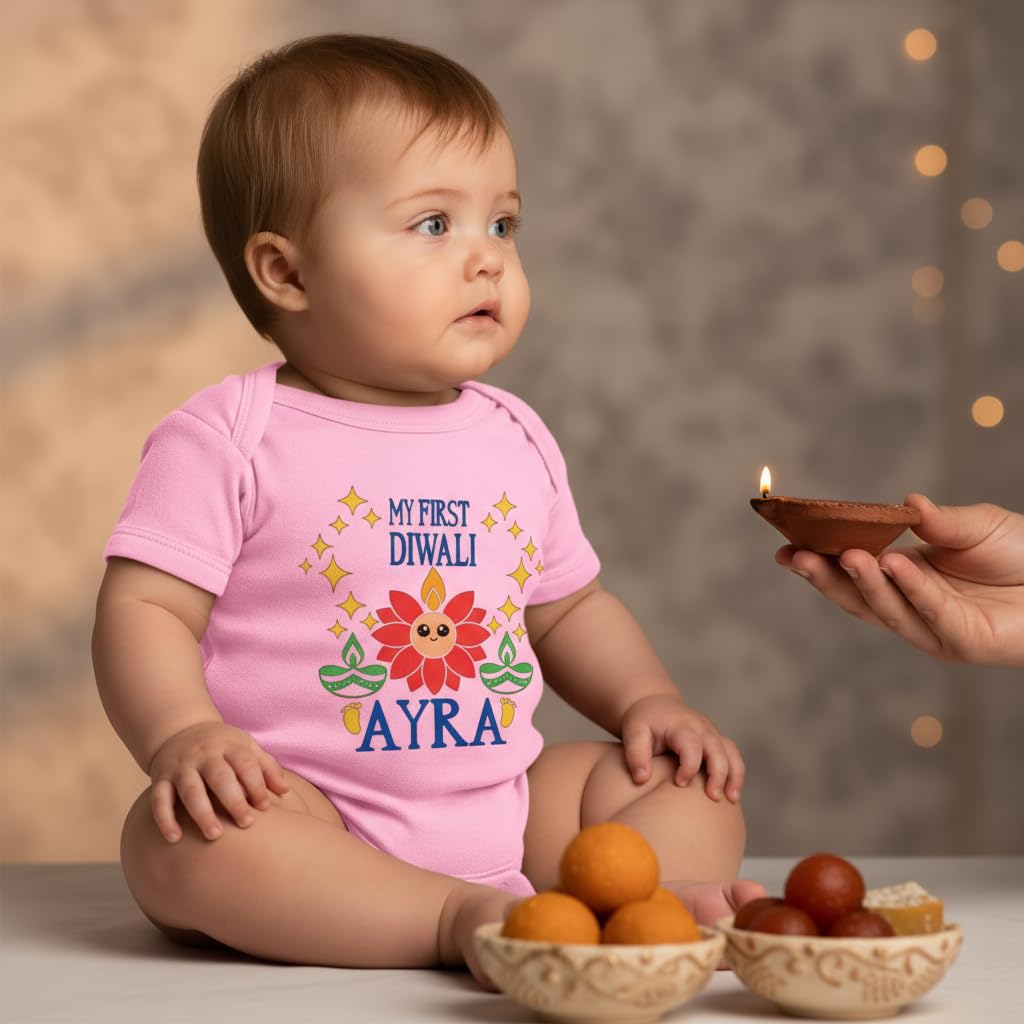 Customized Lotus face First Diwali bodysuit. Great for your babies first diwali. Customize with the Baby's name and year.