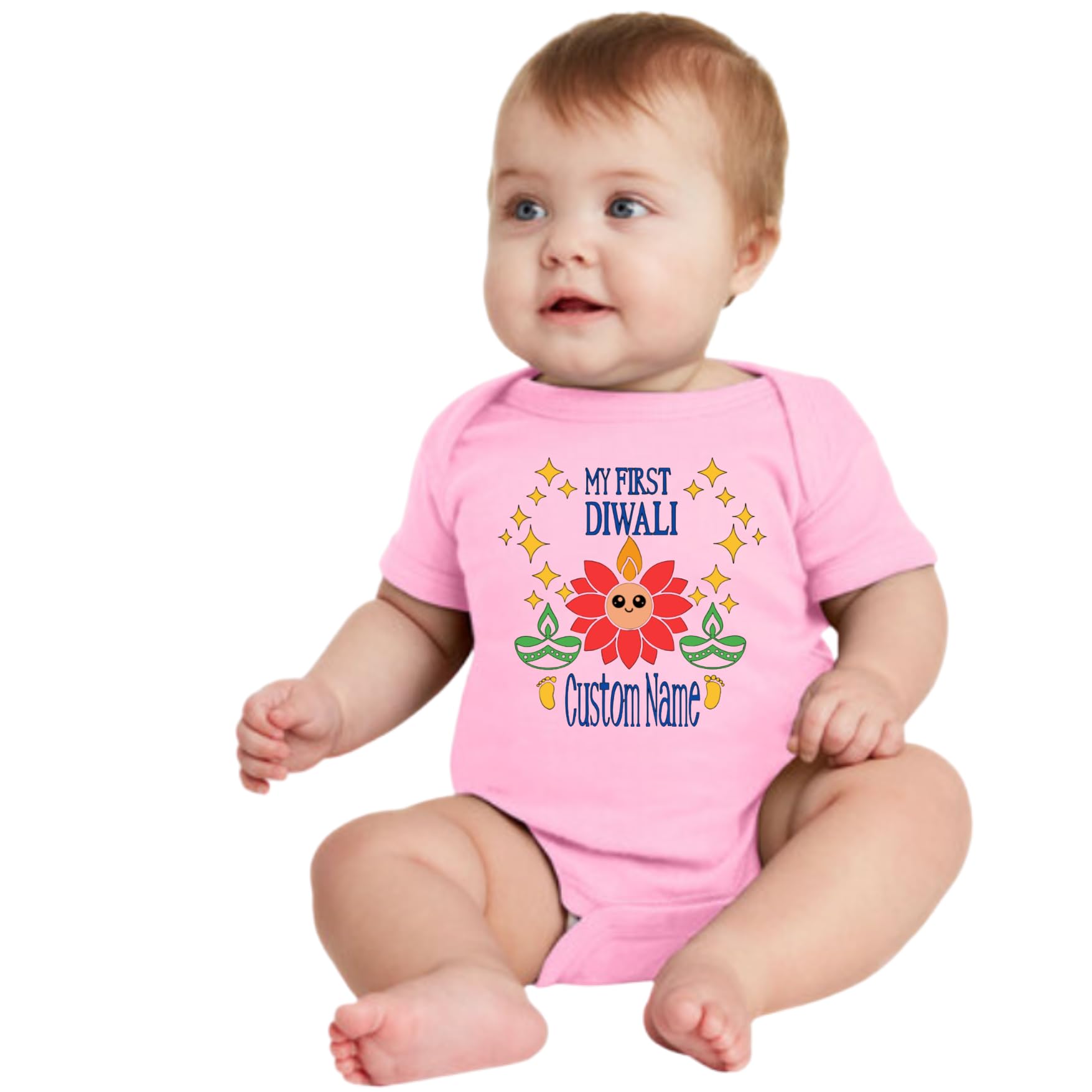 Customized Lotus face First Diwali bodysuit. Great for your babies first diwali. Customize with the Baby's name and year.
