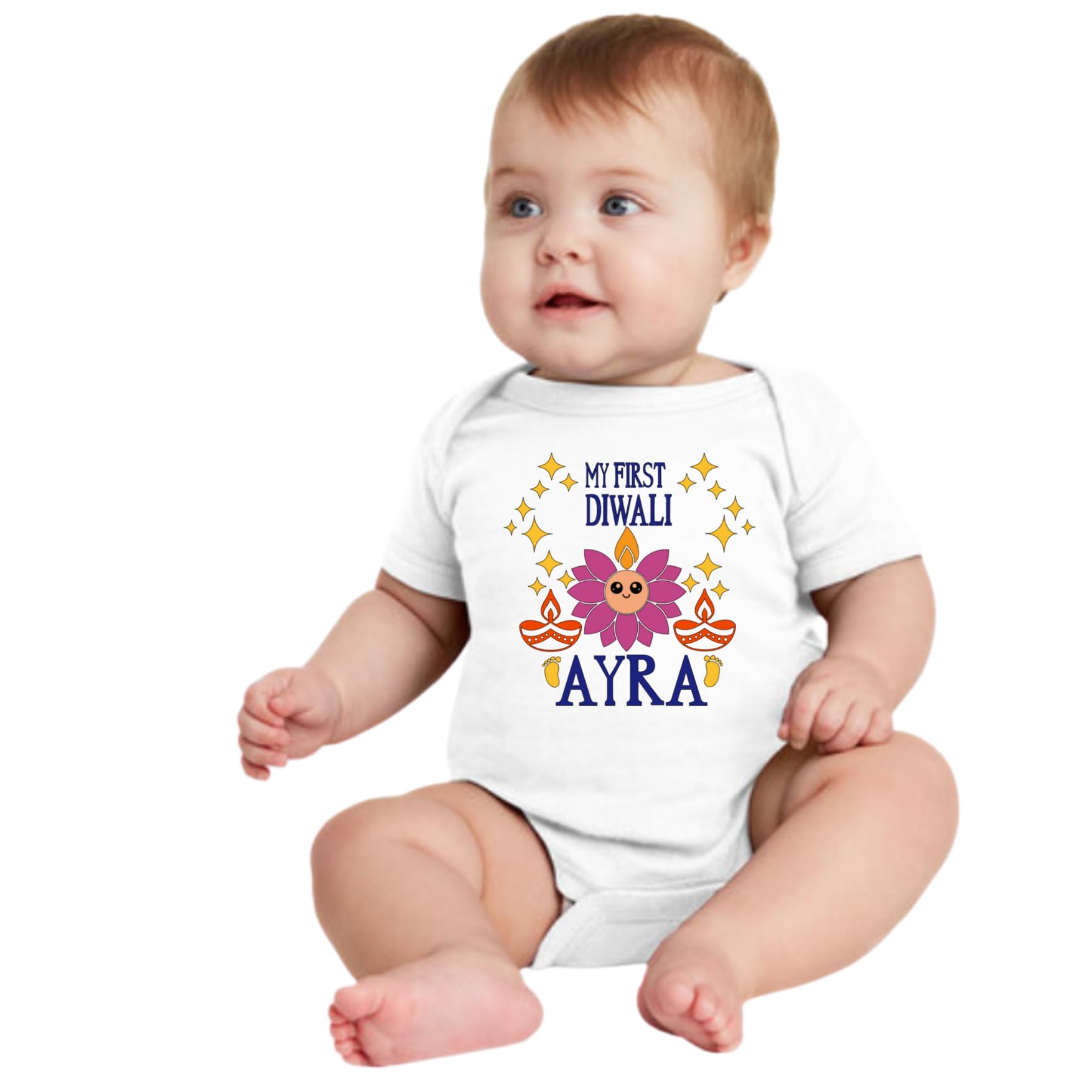 Customized Lotus face First Diwali bodysuit. Great for your babies first diwali. Customize with the Baby's name and year.