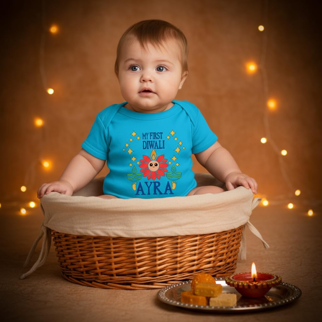 Customized Lotus face First Diwali bodysuit. Great for your babies first diwali. Customize with the Baby's name and year.