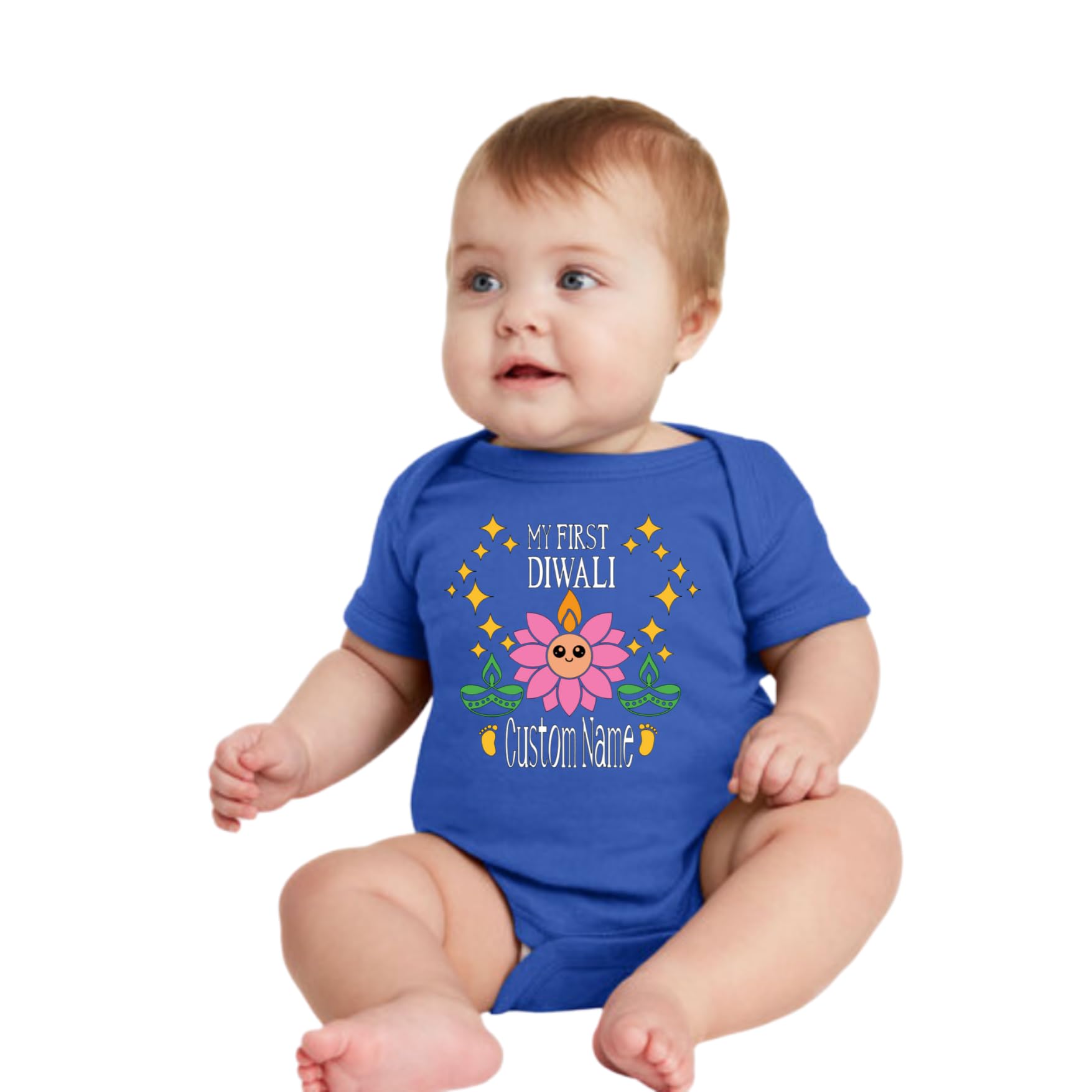 Customized Lotus face First Diwali bodysuit. Great for your babies first diwali. Customize with the Baby's name and year.