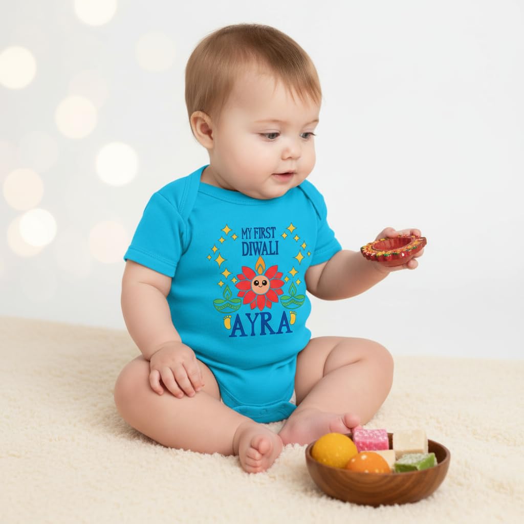 Customized Lotus face First Diwali bodysuit. Great for your babies first diwali. Customize with the Baby's name and year.
