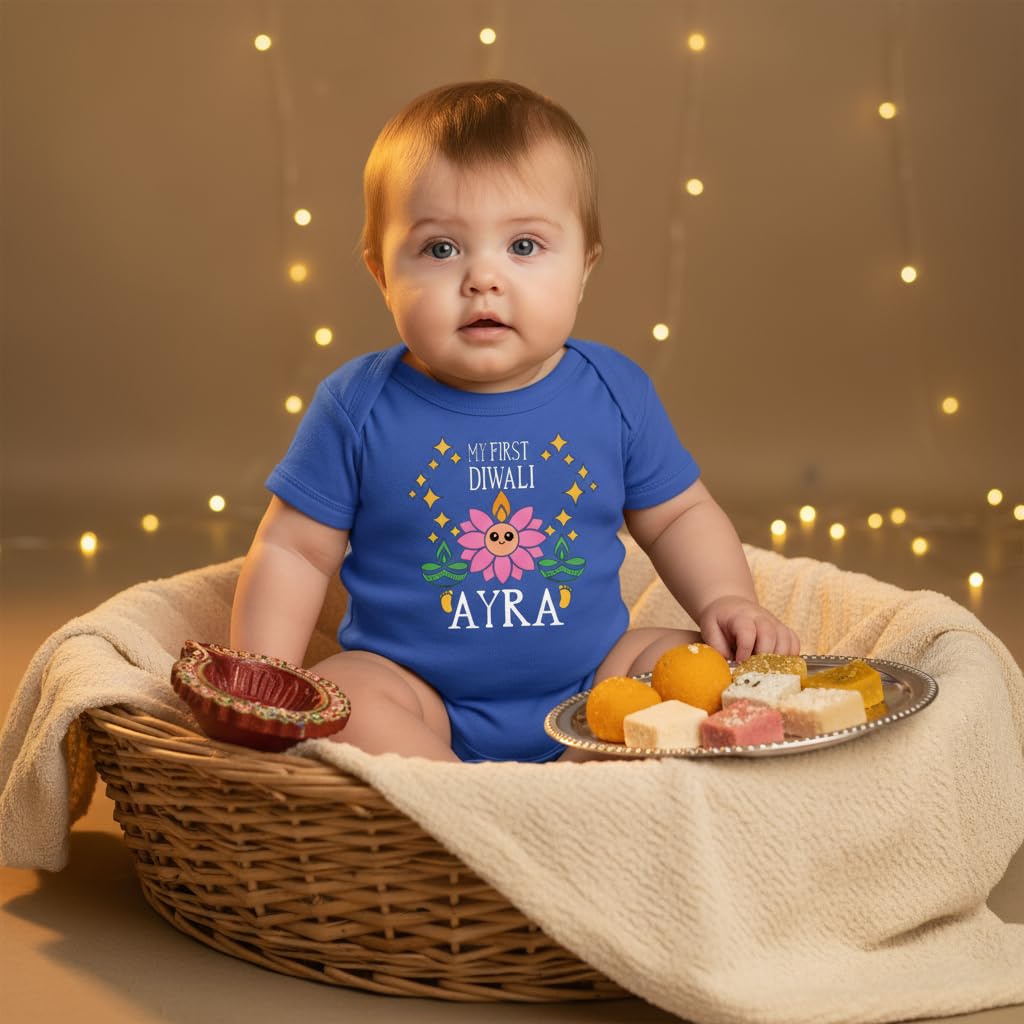 Customized Lotus face First Diwali bodysuit. Great for your babies first diwali. Customize with the Baby's name and year.
