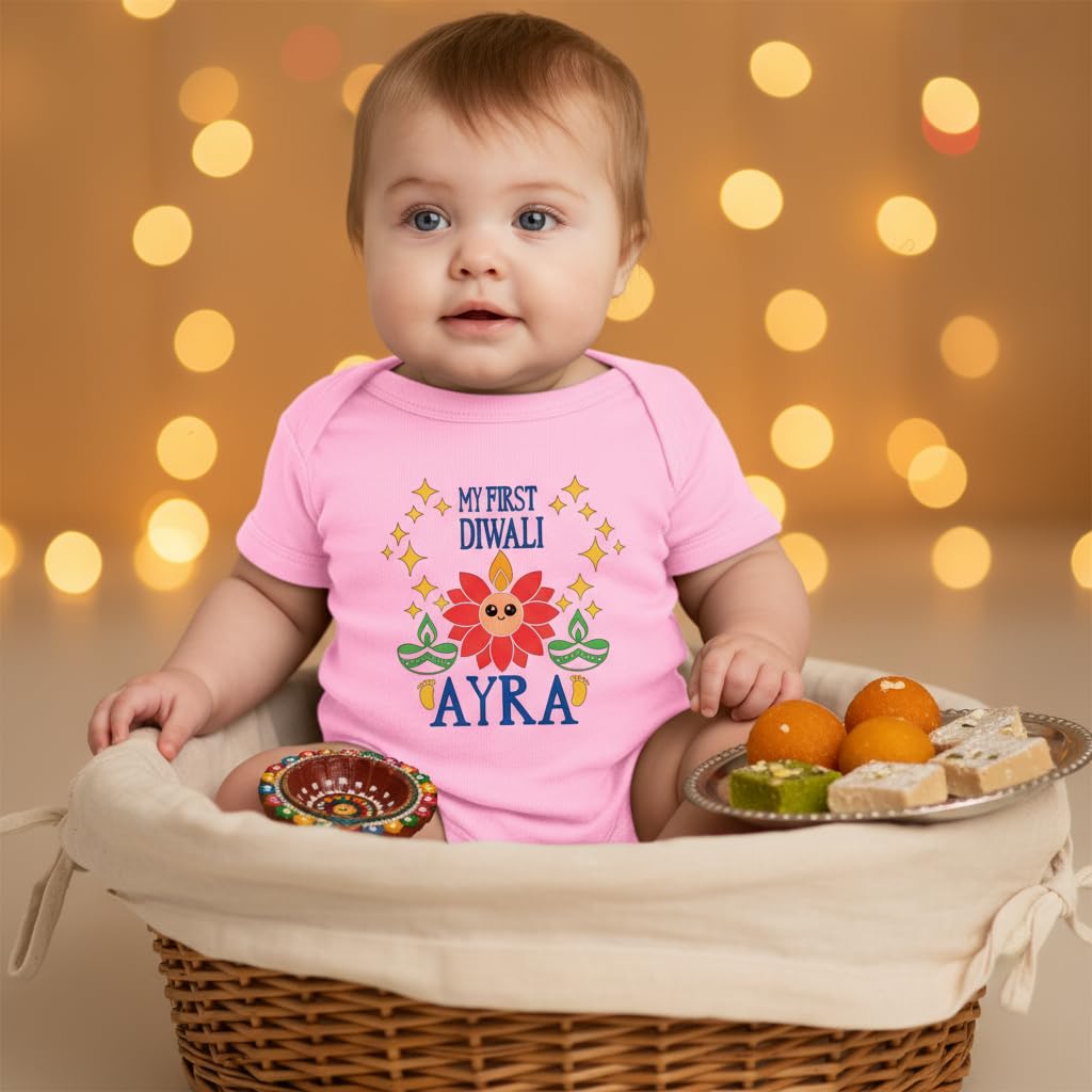 Customized Lotus face First Diwali bodysuit. Great for your babies first diwali. Customize with the Baby's name and year.