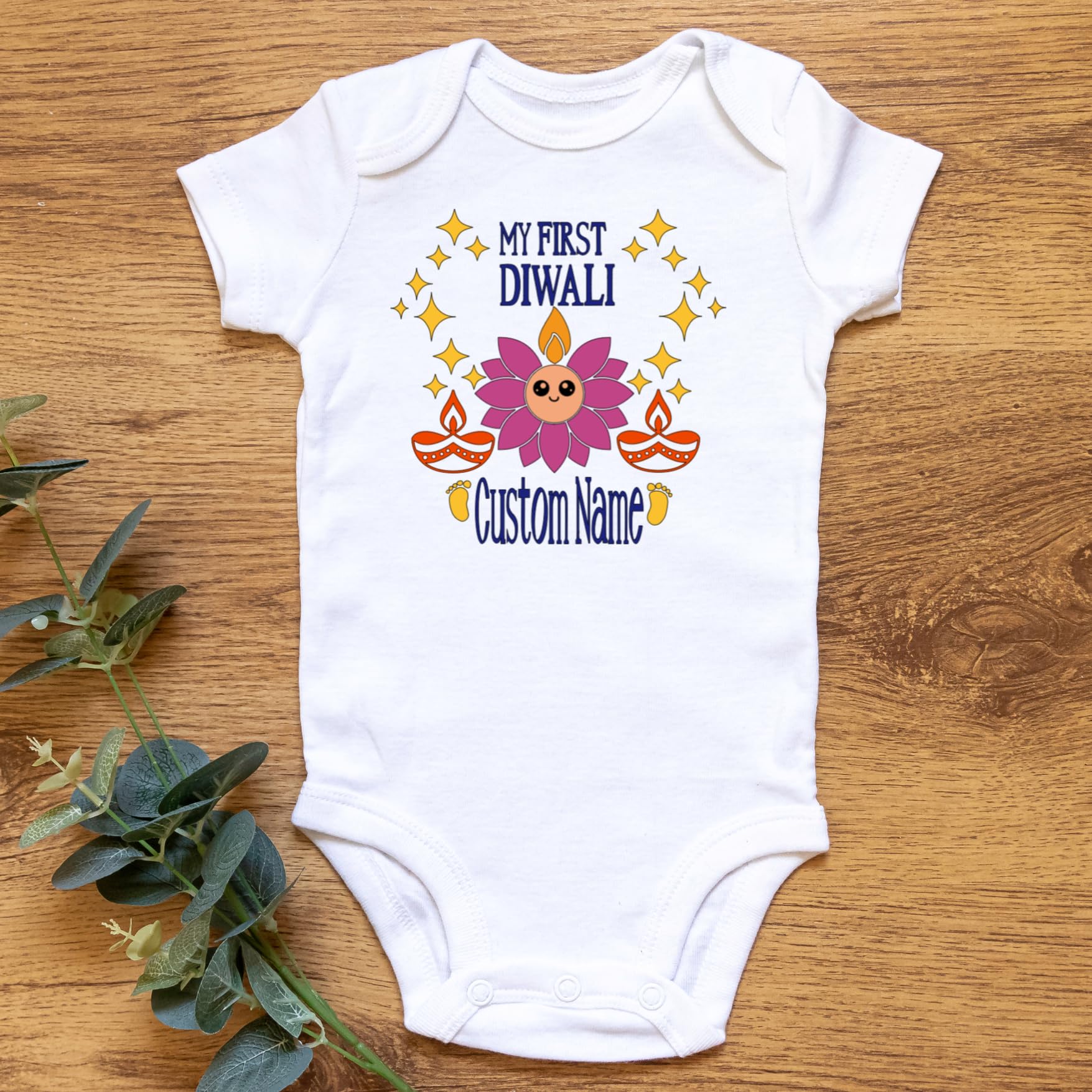 Customized Lotus face First Diwali bodysuit. Great for your babies first diwali. Customize with the Baby's name and year.