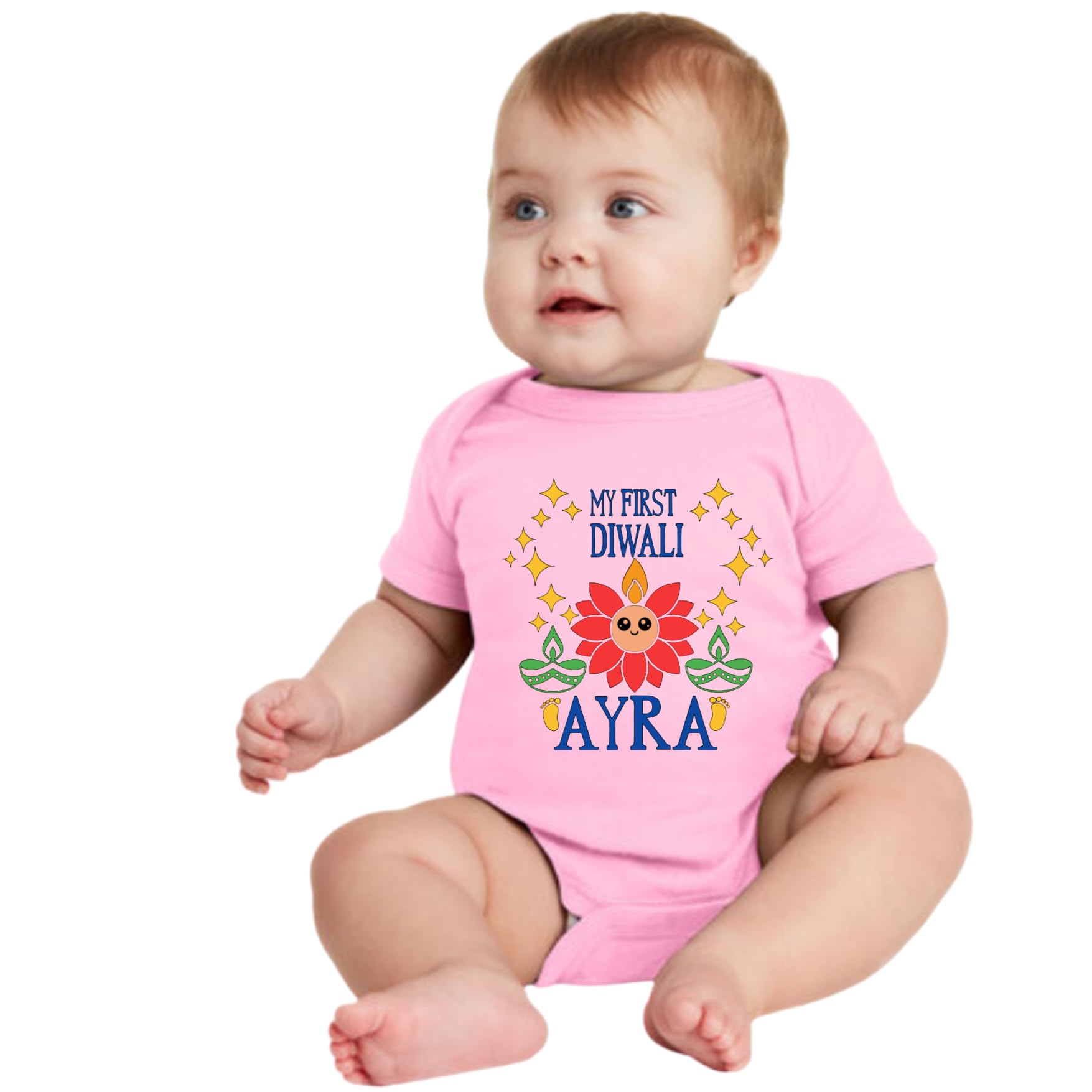 Customized Lotus face First Diwali bodysuit. Great for your babies first diwali. Customize with the Baby's name and year.