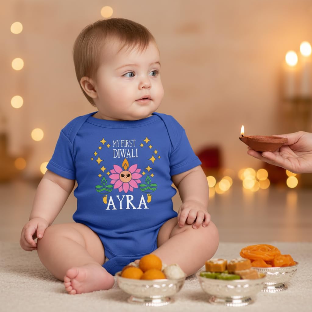 Customized Lotus face First Diwali bodysuit. Great for your babies first diwali. Customize with the Baby's name and year.